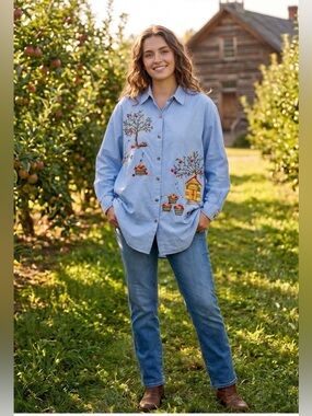 C.S.T SPORT Blue Light Embroidered Button-Up Blouse